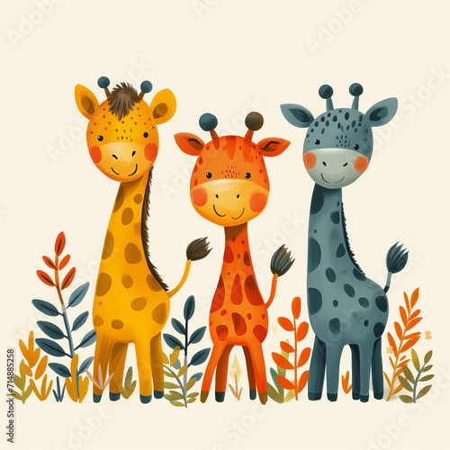 Clipart set of 3 simple abstract happy giraffes by Generative AI