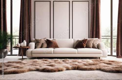 Shaggy fur rug near white tufted sofa. Minimalist luxury home interior design of modern living room in villa © Roman