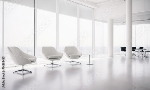 Single big clear white Canvas; Minimalistic White Wall in a Contemporary office Interior. Modern office. wooden table and blank white poster. Mockup
