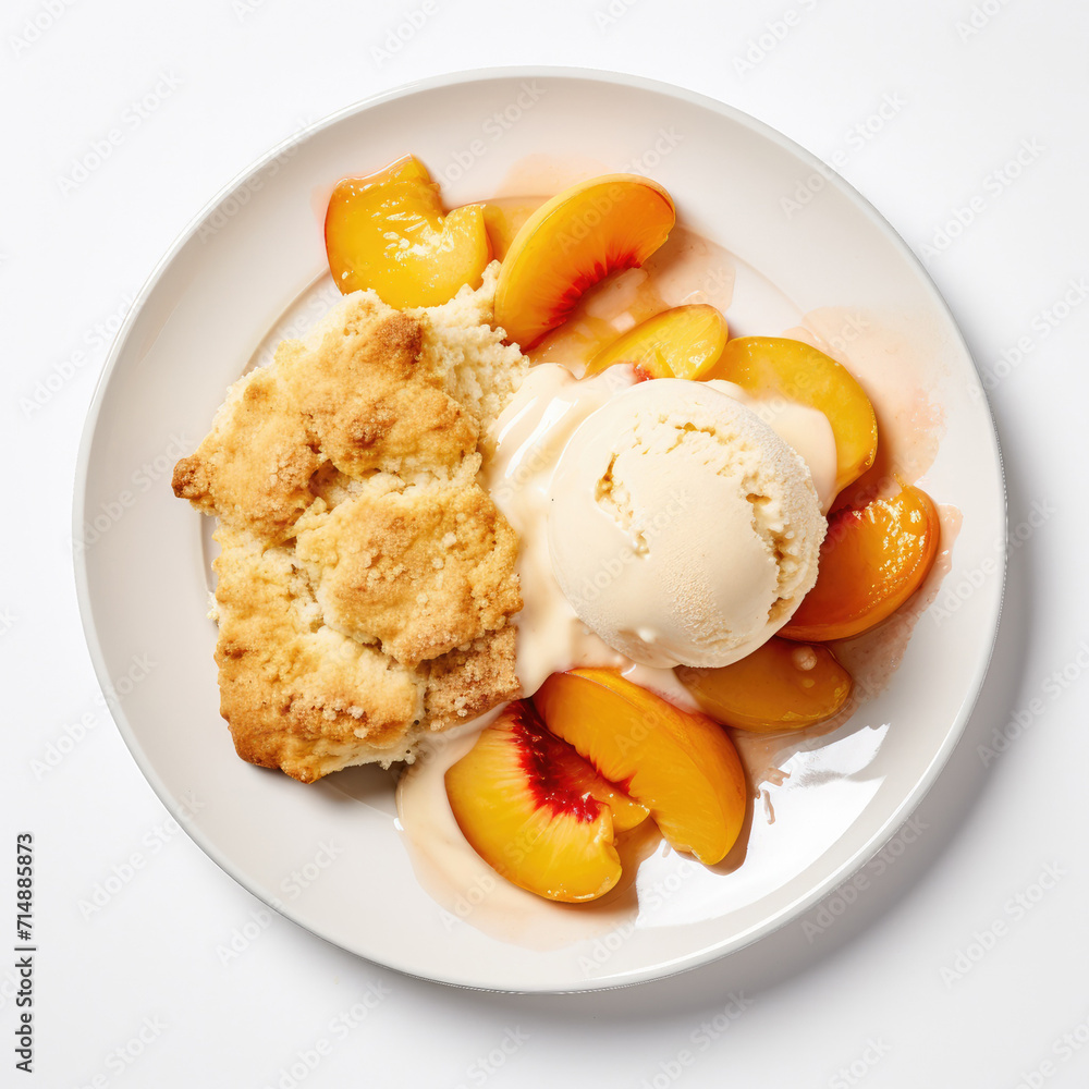 A Plate of Peach Cobbler and Ice Cream Isolated on a White Background A Plate of Peach Cobbler and Ice Cream Isolated on a White Background