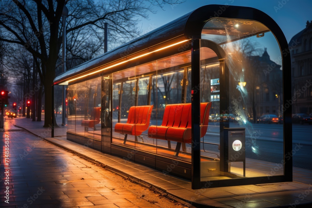 Naklejka premium Under the starry winter sky, a solitary bus stop with vibrant red seats stands tall against the city's bustling streets, providing a temporary shelter for weary travelers on the cold platform