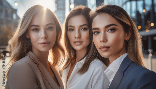 Three beautiful women against the backdrop of a modern city