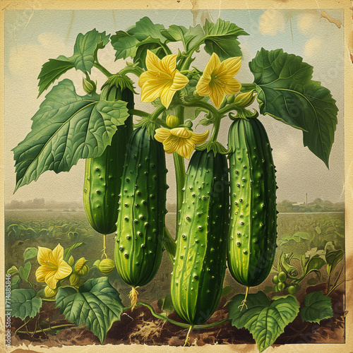 Cucumber vine plant in the family Cucurbitaceae with yellow flowers and cylindrical  fruits used as culinary vegetables, botanical illustration vintage style photo