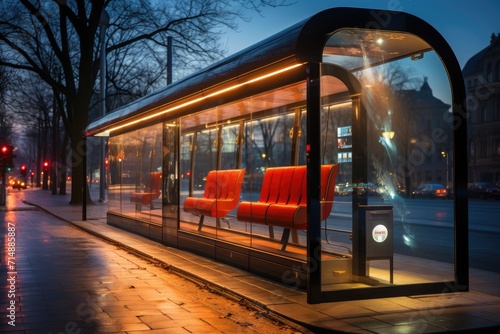 Under the starry winter sky, a solitary bus stop with vibrant red seats stands tall against the city's bustling streets, providing a temporary shelter for weary travelers on the cold platform