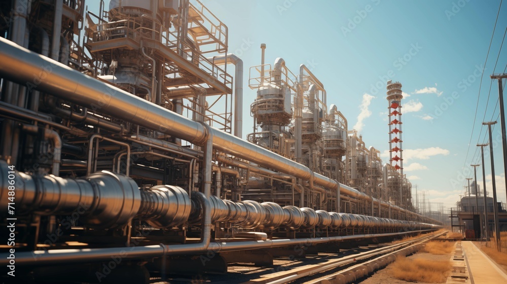 Fototapeta premium Oil Refinery Factory, Natural Gas Pipelines Industrial Zone, Natural Gas Processing, Eco-friendly Plant with Clean Pipelines in the Daytime