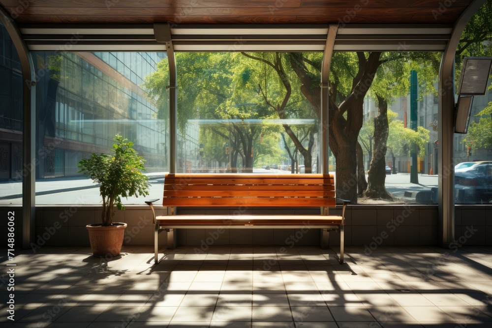 A peaceful oasis awaits as a wooden bench sits in the shade of a tree, offering a serene spot to sit and gaze out the window of an indoor building
