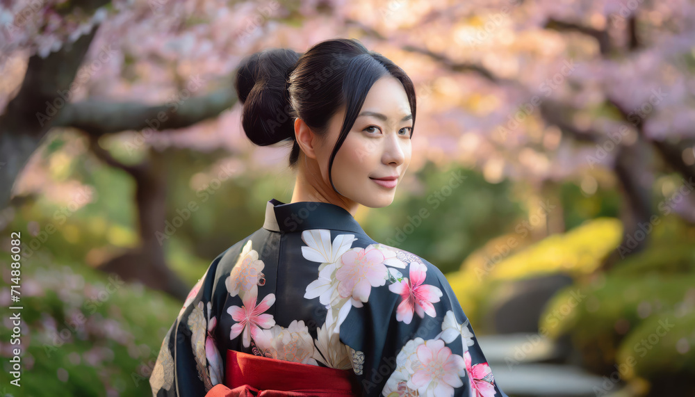 Traditional Beauty: Geisha in a Kimono in Park