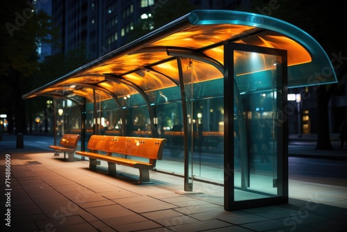 A bustling city street at night, the illuminated glass-covered bus stop beckons with its inviting benches and modern building, offering a sense of comfort and transport in the midst of the bustling u