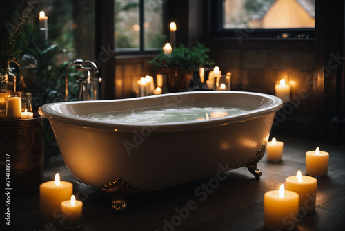 Tranquil Candlelit Bath with Soothing Ambience Candlelit Spa Bliss Enjoying a Relaxing Evening Soak with Petals