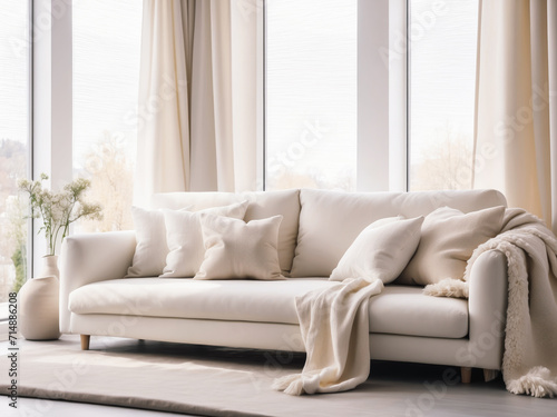 White cushions and cream color blanket on white sofa against of window. Scandinavian style interior design of modern living room  soft pastel colors 