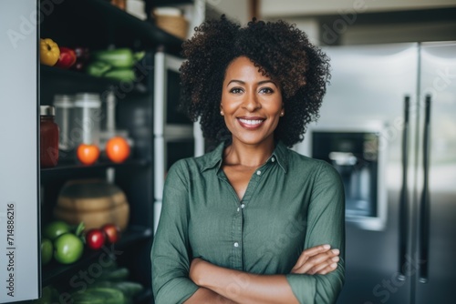 Smiling fit woman standing in kitchen with fresh produce on shelves