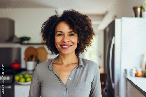 Smiling fit woman standing in kitchen with fresh produce on shelves