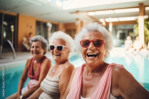 Group portrait of happy senior women swimming in pool