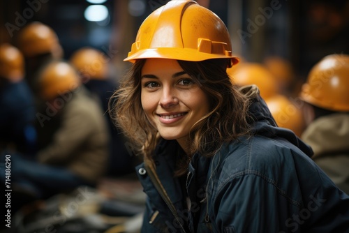 A determined engineer donning her yellow hard hat and workwear jacket stands confidently on the street, ready to tackle any challenge with her trusty helmet and bluecollar grit © Larisa AI