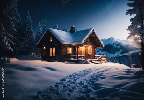 Winter Wonderland" A serene snowy landscape with a cozy house, twinkling lights and a starry night sky. loneliness at night
