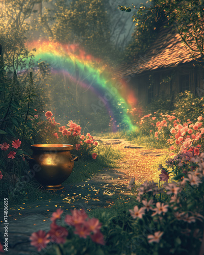 Rainbow and Golden Pot on Cottage Pathway