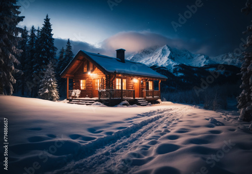 Winter Wonderland" A serene snowy landscape with a cozy house, twinkling lights and a starry night sky. loneliness at night © Roman