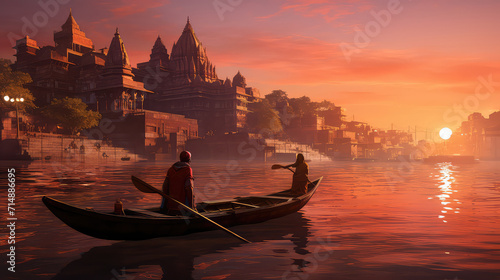 3d illustration of Ancient Varanasi city architecture at sunset with view of sadhu baba enjoying a boat ride on river Ganges. India. photo