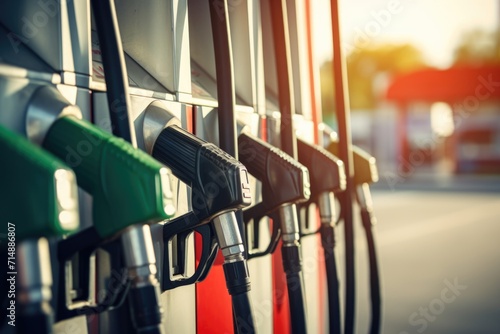 Close up fuel pumps at a gas station