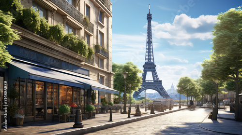 Fototapeta Naklejka Na Ścianę i Meble -  3d illustration of street view of Paris. Artwork. eiffel tower. France