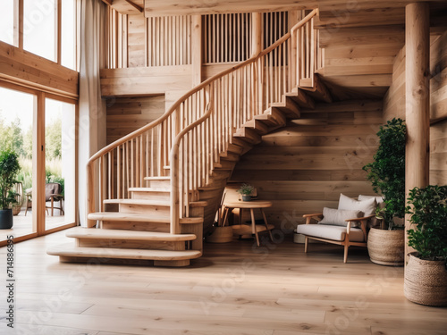 Wooden staircase in scandinavian rustic style interior design of modern entrance hall