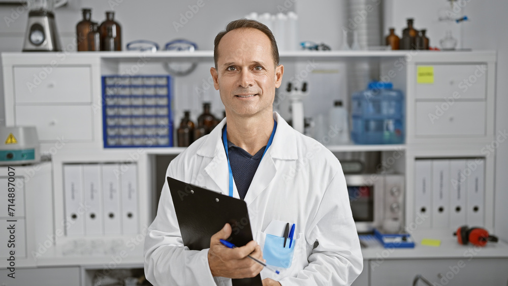 Handsome middle-aged scientist expresses joy, confidently holding clipboard in lab conducting medical research Handsome middle-aged scientist expresses joy, confidently holding clipboard in lab conducting medical research