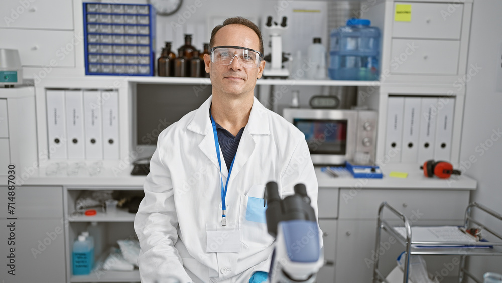 At the heart of science, a confident, smiling middle age man - our very own scientist, standing with happiness in his medical laboratory, engrossed in chemistry research. At the heart of science, a confident, smiling middle age man - our very own scientist, standing with happiness in his medical laboratory, engrossed in chemistry research.