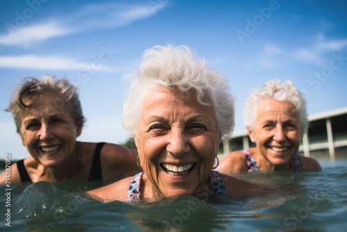 Portrait of diverse senior women swimming in a lake © Baba Images
