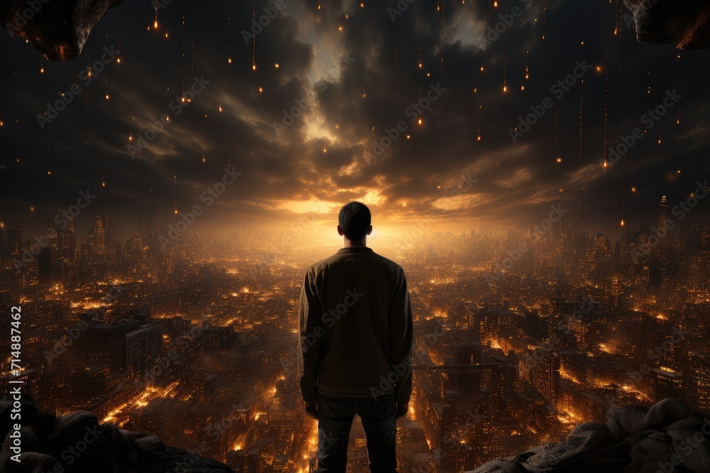 A lone figure, clad in dark clothing, gazes up at the star-speckled night sky, a solitary person in the midst of a bustling cityscape