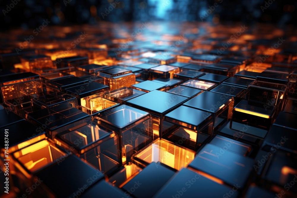 In the midst of a bustling city at night, a cluster of black and orange cubes illuminates the darkness with a vibrant and mysterious glow In the midst of a bustling city at night, a cluster of black and orange cubes illuminates the darkness with a vibrant and mysterious glow