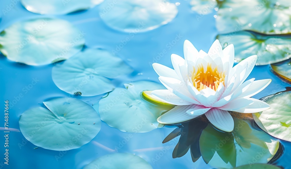 white water lily flower with leaves in a pond and shinning sunlights for beauty in nature concept banner