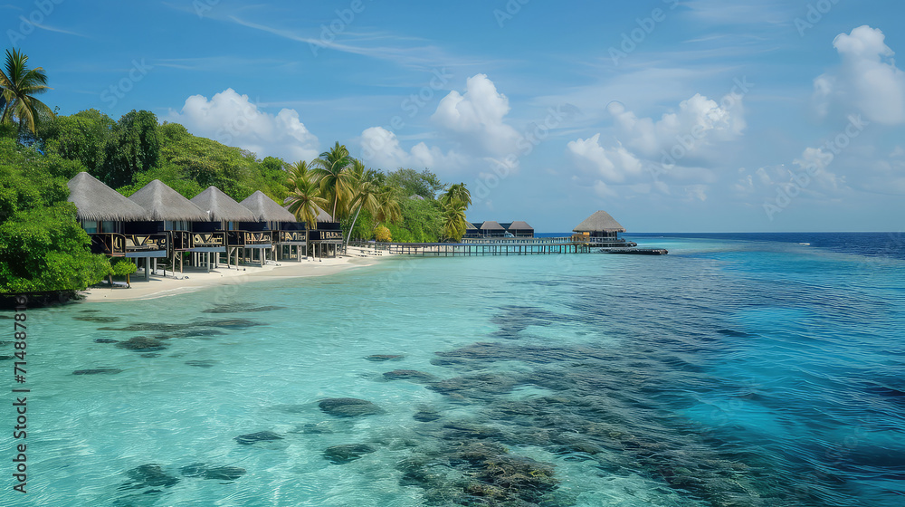 View of Maldiv beach resort, panoramic landscaps.