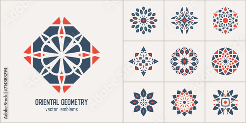 Arabic circular geometric symbols set. Vector monochrome mosaic oriental ornamental emblems for logos, patterns and design