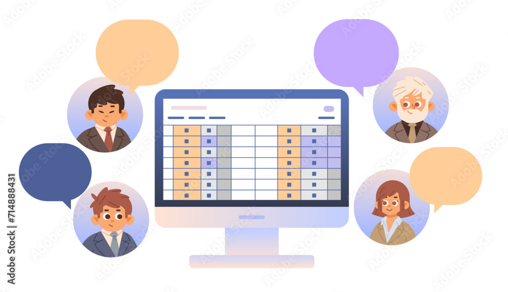 Business people icons discussing financial table online. Flat vector illustration Business people icons discussing financial table online. Flat vector illustration