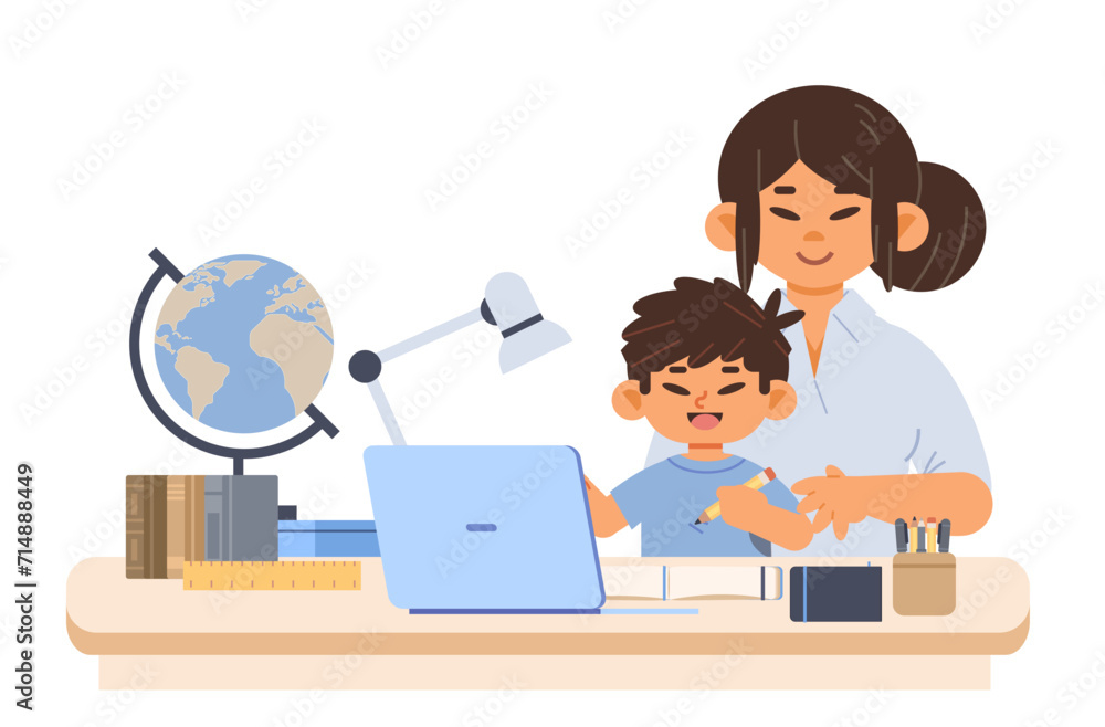 Asian mother helps her son do his homework. Child studies well and shares his successes. Flat vector illustration Asian mother helps her son do his homework. Child studies well and shares his successes. Flat vector illustration