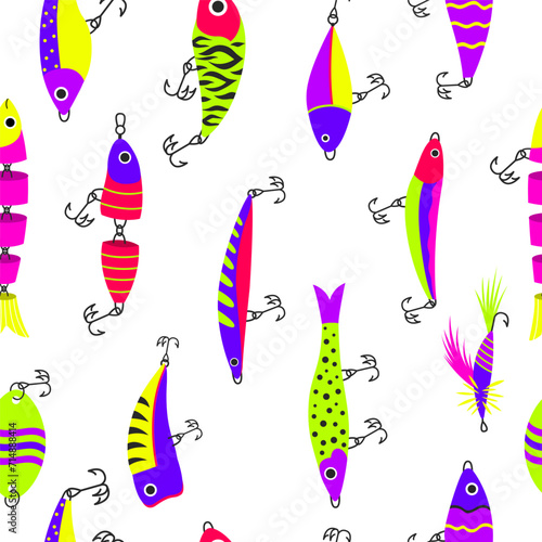 Seamless pattern with fishing lure isolated on a white background.
