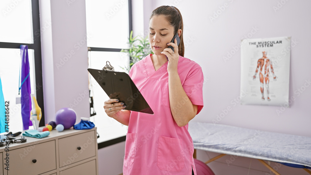 A focused woman in a pink scrub talks on a phone while holding a clipboard in a physiotherapy clinic's treatment room.