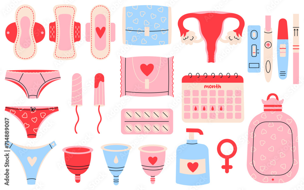 Big collection of female menstrual hygiene. Protection for menstrual period in critical days. Hand Drawn vector illustrations of pads, tampons, pills, menstrual cups, pregnancy test and pants. Big collection of female menstrual hygiene. Protection for menstrual period in critical days. Hand Drawn vector illustrations of pads, tampons, pills, menstrual cups, pregnancy test and pants.