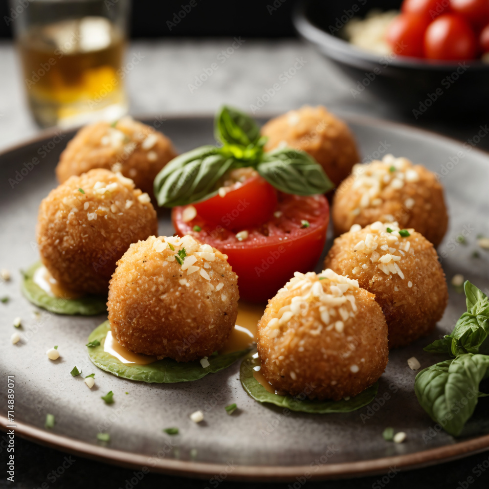 Margherita Risotto Balls - Gourmet Fried Delight with Tomato, Mozzarella, and Basil Margherita Risotto Balls - Gourmet Fried Delight with Tomato, Mozzarella, and Basil