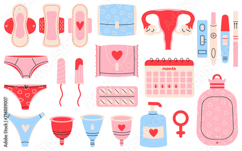 Big collection of female menstrual hygiene. Protection for menstrual period in critical days. Hand Drawn vector illustrations of pads, tampons, pills, menstrual cups, pregnancy test and pants.