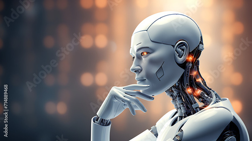 A robot thinking, Closeup of a Cyborg thinking like humans,AI generated photo