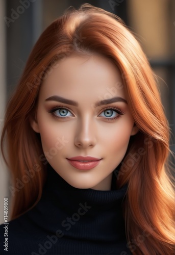 A beautiful woman with red hair and blue eyes looks into the distance. She wears a black turtle neck against a gray background.