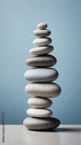 White sea pebble stone stack on light blue background. generative, AI.