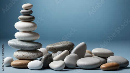 White sea pebble stone stack on light blue background. generative  AI.