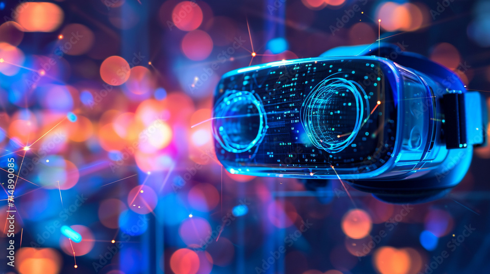 A virtual reality headset used for machine learning simulation, machine learning, blurred background, with copy space - obrazy, fototapety, plakaty 