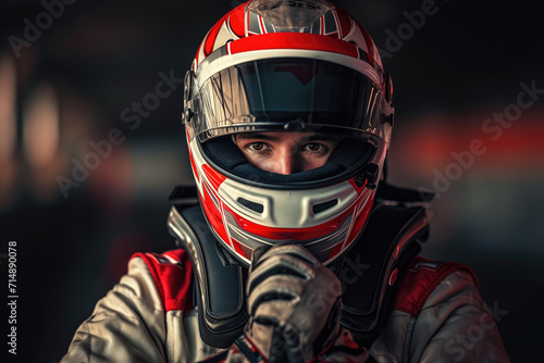 Race driver posing with a helmet