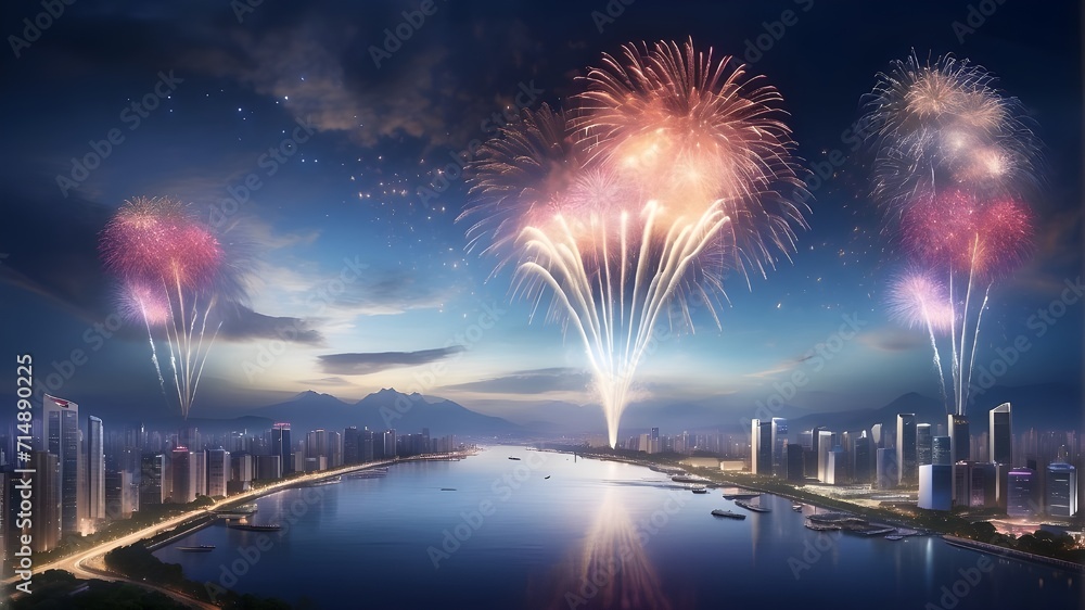 fireworks on the river, A pyrotechnic display in the night sky