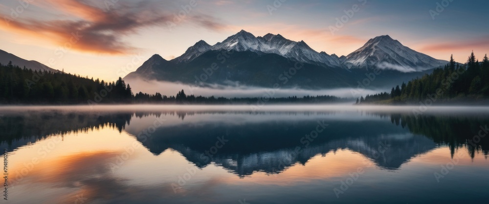 Mountains Reflected onto Water on Beautiful Foggy Day, generative, AI.