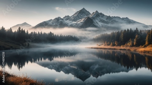 Mountains Reflected onto Water on Beautiful Foggy Day, generative, AI.