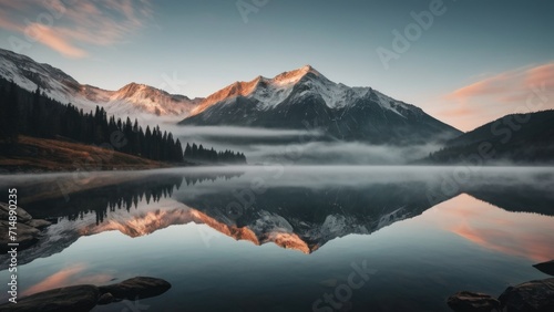 Mountains Reflected onto Water on Beautiful Foggy Day, generative, AI.